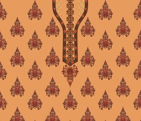 Traditional Paisley Textile Design with Ornamental Neckline on Peach Background