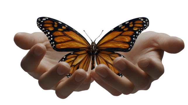 Monarch butterfly resting on open hands isolated on transparent background