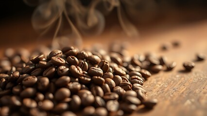 Fresh coffee beans on wood with steam, evoking warmth and rich aroma.