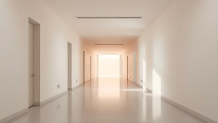 Fototapeta premium Long corridor with bright lights and minimalist architectural lines.