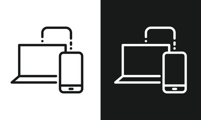 Minimalist Device Sync Line Art Icon, Laptop and Smartphone Wireless Data Transfer Symbol, Modern Vector Graphic for Technology, Connectivity, and File Sharing, Black and White Versions.
