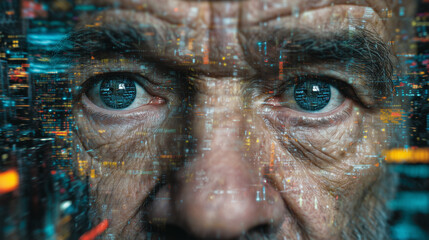 Close-up of elderly man's eyes with digital data overlays, symbolizing human connection to artificial intelligence and technology.