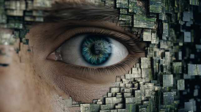 Close-up of a human eye integrated with digital circuits and abstract cubes, symbolizing AI, technology, and human machine fusion. - Powered by Adobe
