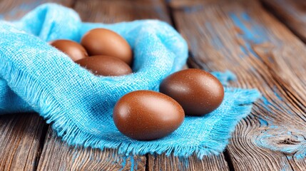 Several brown eggs nestle in a blue textured cloth on weathered wood.