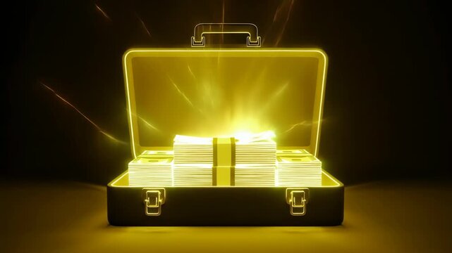 Money briefcase concept featuring stacks of cash inside an open black box with a golden glow. Money briefcase containing wealth, abundance, and fortune for business ventures.