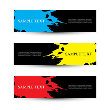 Set of Three Paint Splatter Banners with Sample Text on Black Background in Blue, Yellow, and Red Variants. The editable text blocks allow for easy customization while maintaining an artistic tone. 
