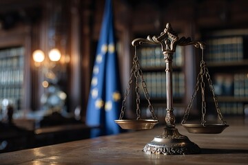 Justice scales standing on a wooden desk, symbolizing law, legal proceedings, and fairness within the context of the european union's legal framework, with eu flag and bookshelf in background
