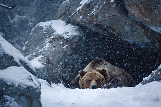Grizzly bear hibernating in a snowy den, curled on rock and sheltered from heavy snowfall as flakes blanket the ground in a quiet winter wilderness scene