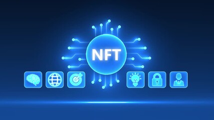 NFT text in a glowing circuit board with surrounding icons representing digital assets and technology on a dark blue background - Powered by Adobe
