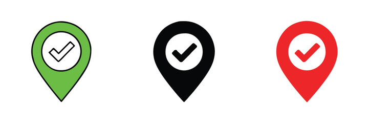 set of verified location pin icons checkmark marker in outline solid and red styles for map app interface design