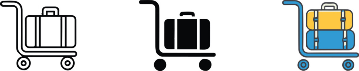 luggage cart icon set outline, silhouette and colorful stacked suitcases for travel ui and branding
