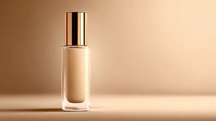 Foundation makeup bottle with golden cap and sheer beige liquid, minimalist luxury cosmetic on warm neutral background, soft light, smooth texture and elegant studio styling