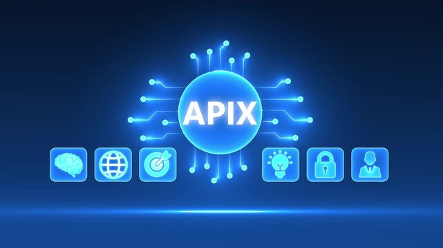 Digital APIX concept with glowing circuit board and business icons on dark blue background Keywords: APIX, Application Programming Interface, business, technology, digital, concept, icon
