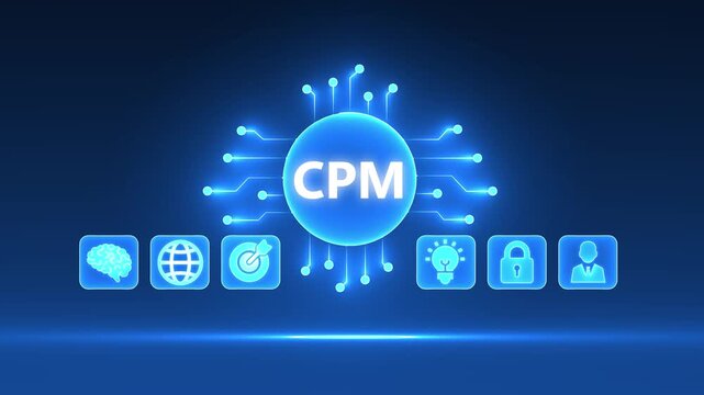 Digital CPM concept with glowing circuit board and business icons on dark blue background Keywords: CPM, Cost Per Mille, business, technology, digital, concept, icon, brain, globe, target
