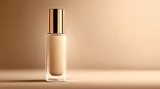 Foundation makeup bottle with golden cap and sheer beige liquid, minimalist luxury cosmetic on warm neutral background, soft light, smooth texture and elegant studio styling