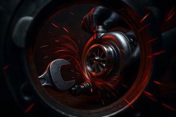 Turbocharger Repair Wrench Closeup With Sparks and Red Lighting