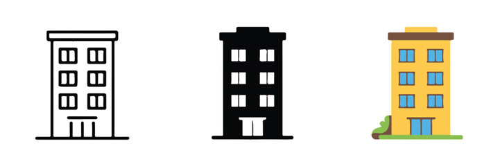 vector building icons set line art silhouette and colorful cartoon apartment facade for web and print use