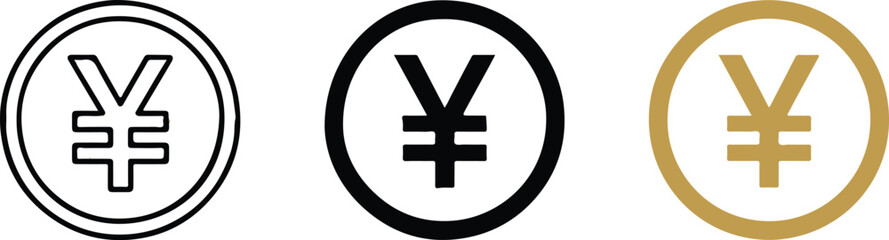 black white yen badge trio vector icons minimal currency symbol set for finance branding and print-ready ai eps jpeg png