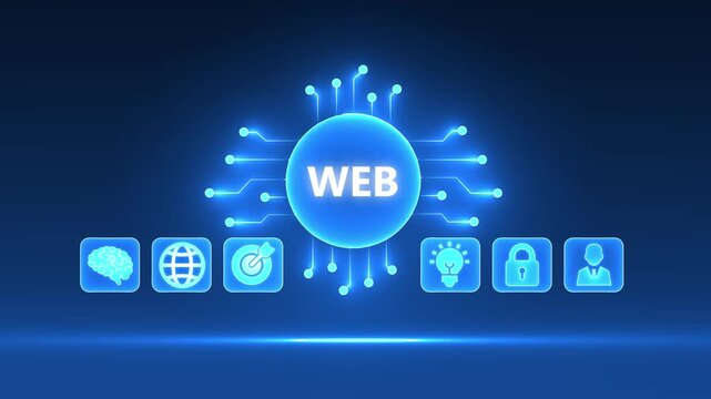 Digital Web Concept with Connected Icons and Circuit Board Design on Blue Background internet technology
