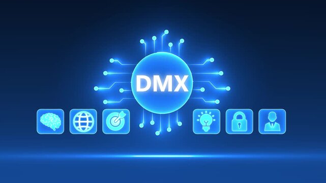 Digital DMX concept with glowing circuit board and interconnected icons on dark blue background technology