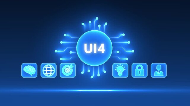 U I4 concept with glowing circuit board and interconnected icons on dark blue background user interface