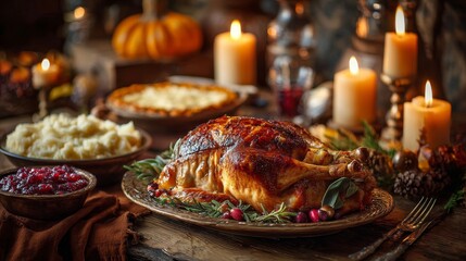 A traditional Thanksgiving dinner feast. A rustic wooden table with roasted turkey, pumpkin pie, mashed potatoes, and warm candlelight.