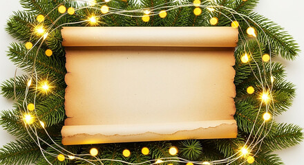A blank parchment scroll surrounded by a festive christmas garland with twinkling fairy lights, isolated on white background