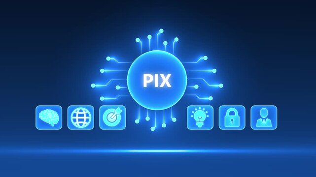 Digital PIX concept with glowing circuit board and icons for brain, globe, target, idea, lock, and person