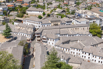 View of the old city of Gjirokaster, town of silver roofs in Albania.