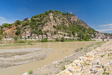 The historic city of Berat in Albania and Osum river, Albania.