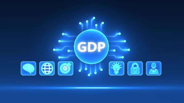 Glowing Blue Circuit Board With GDP Text And Icons Representing Business Concepts On Dark Background