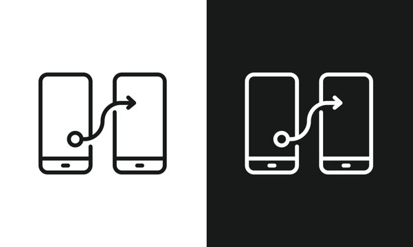 Mobile Data Transfer Peer-to-Peer Outline Icon A simple line art icon showing data being transferred from one mobile phone to another via an arrowed line, representing P2P sharing, device sync.