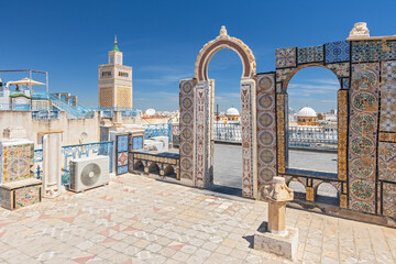 Cityscape of the medieval medina of the city of Tunis, Tunisia, on the left the minaret of the Zaytuna Mosque.