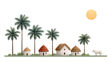Obraz premium Idyllic indian village scene with traditional huts and palm trees under the sun