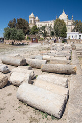 Ancient columns and statues of Carthage near the Saint Louis Cathedral on Byrsa hill, Tunisia.