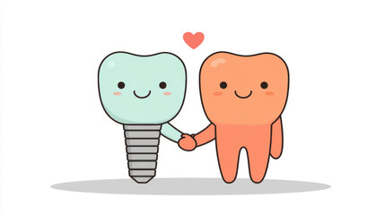 Cute tooth and implant cartoon characters holding hands with heart symbol