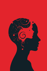 Silhouette of a human head with abstract female face inside, symbolizing inner thoughts, duality, self-awareness, psychology, and the complexity of the human mind.