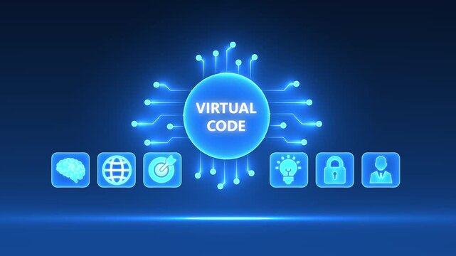 Virtual Code concept with glowing circuit board and icons for brain, globe, target, lightbulb, lock, and person
