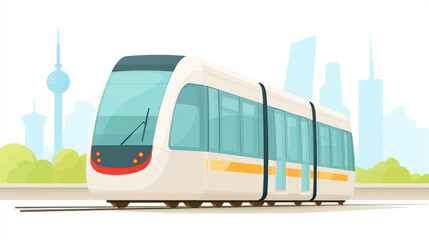 Modern urban tram against city skyline for transportation and travel concept
