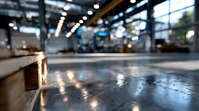 A view of a spacious industrial warehouse featuring polished concrete floors and distant machinery, with sunlight creating reflections that enhance the vibrant atmosphere.