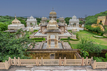 Gatore Ki Chhatriyan, general view of magnificent marble memorial dedicated to Maharaja Sawai Mansingh II and his family Jaipur, Rajasthan India.