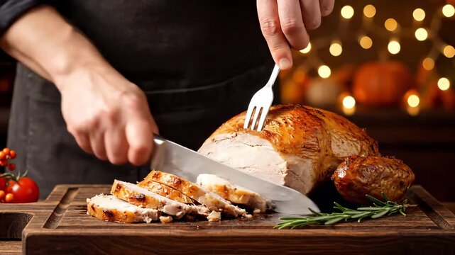 Person carving roasted turkey on wood cutting board. A tasty still life food image. Holiday celebration, festive dinner, gourmet cuisine.