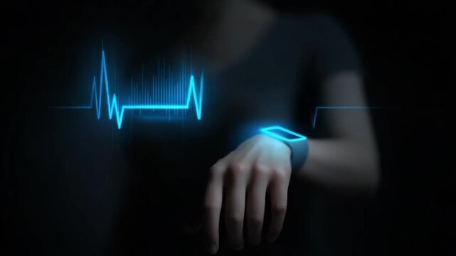 Smartwatch on a wrist displaying a glowing blue heart-rate/ECG waveform.
