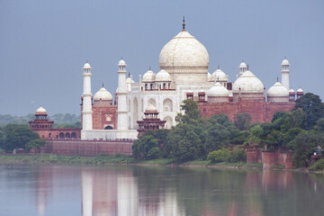 View of the Yamuna River and the Taj Mahal from the terrace on the Agra Fort, India.
