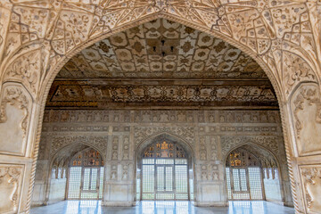Interior of Golden Pavilion in Fort of Agra Red Fort, India.