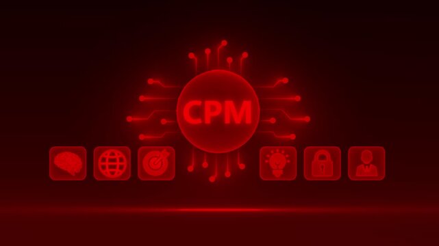 Red Neon CPM Icon with Connected Business Symbols on Dark Background Cost Per Mille advertising