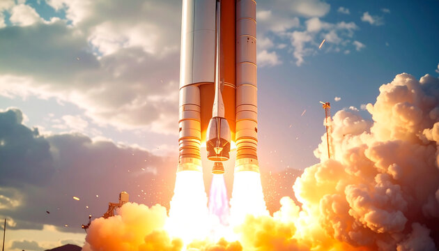 Celestial Ascent: A towering rocket ignites its engines, a fiery dance against the sky, symbolizing human ambition and the exploration of the cosmos.