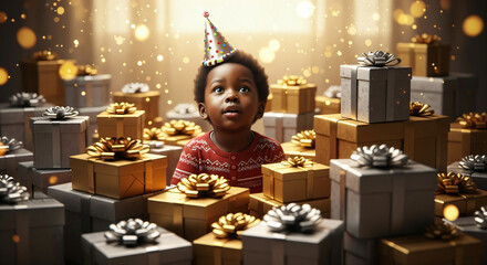 A digital illustration depicts a young black boy wearing a conical party hat. He is sitting amidst a vast collection of wrapped presents.