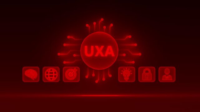 Red glowing circular network diagram with the word UXA in the center and six surrounding icons representing business concepts