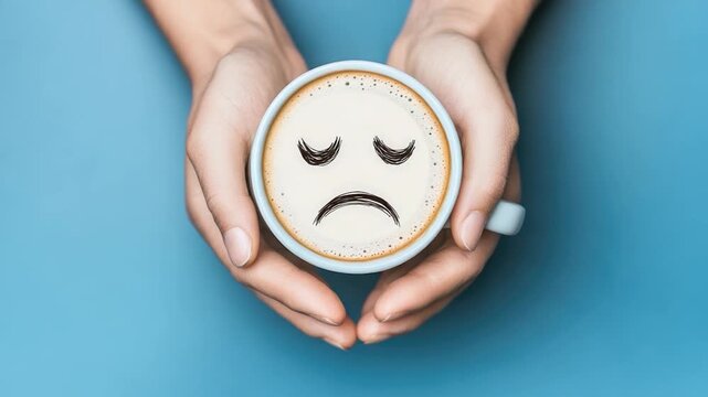 A person holds a cup of coffee with a sad face drawn on the side